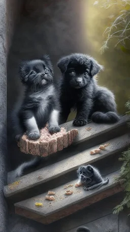 A shaggy black puppy dog with a white belly, a gray kitten, a three color kitten eating salami on a stone stairway in the woods