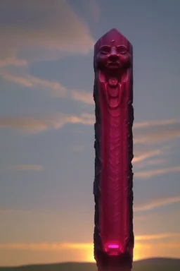 en la orilla del pantano, bajo las gotas de rocío en el atardecer, imagen completa del antiguo trofeo esculpido en rubí crudo con vetas azules, estilizado, algo brilla dentro suyo, algo mágico, ensoñacion, misterio onirico, studio portrait, 8k