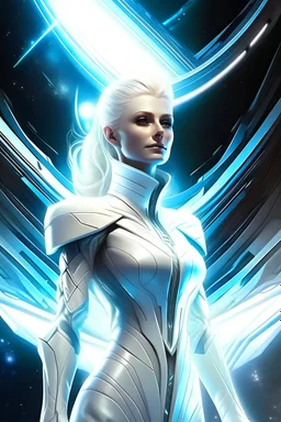 femme magnifique galactique commandante d'une flotte de vaisseaux, gardienne de la galaxie, combinaison blanche lumière au poste de commandement du vaisseau mère blanc très lumineux