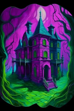 A purplish magenta haunted mansion with many rooms painted by Vincent van Gogh