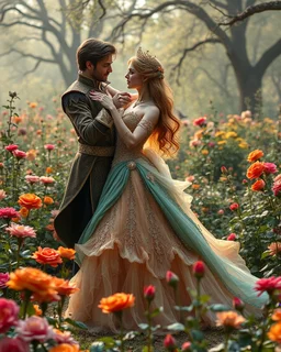 Photography Beautiful Princess dancing salsa with handsome prince in Wild garden, flower beds, fractal ornamentation, over detailed, gloriously full and confusing, nothing that really exists, everything made up, fantasy world, sweet briar, photography graphic art, song birds, ochre rose, rose buds, dewy morning, forest of oaks