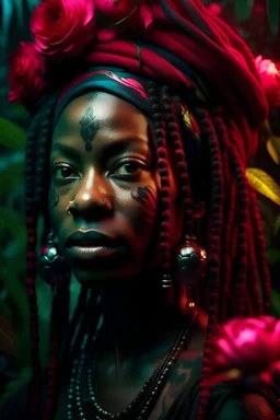 young woman with green eyes? black skin and dreadlocks dark moody art with spring feel and color, pomegranate tree in background neon pink roses with flower headdress, hyper realistic maximalist concept art