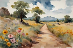 Sunny day, clouds, dirt road, flowers, mountains, big rocks, trees, sci-fi, winslow homer watercolor paintings