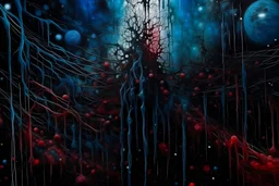 existential horror, nightmare, dripping blood, galaxy interwoven with frayed and shattered dna strands, deep colors, bloody, underwater