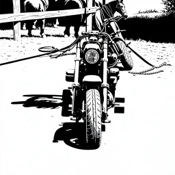 a harley davidson pan america 1250 motorcycle, next to a Indian Springfield Dark Horse motorcycle. next to a horse who's facing away and tied by the reins to a wood railing. white background. dirt ground. silkscreen style image