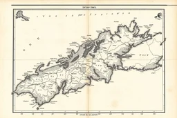 an old and weathered map that was printed in black and white of an inland section, no words or text, with latitude and longitude lined