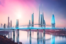 Dreamlike Skyline of Downtown futuristic hightech city in 4050 and a stunning futuristic Bridge During Sunlight with silver-grey clouds, over the azur-silver color river, cold colors, high detalied, sci-fi, landscape