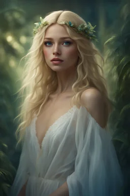 young woman small in stature Her features were soft, and her blonde hair framed her petite face.she wore was a thin white nightdress, which ended just above her knees. green/blue eyes. realistic 4k fantasy