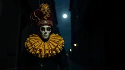 A person wearing a Venetian carnival mask and costume, with a large yellow ruff around the face, walking along a deserted Venetian alleyway at midnight, with only the moon illuminating the scene.