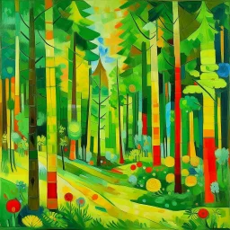 A lime green forest with evergreen trees painted by Wassily Kandinsky