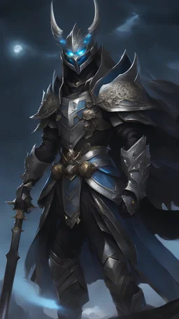 a black and blue demon standing in front of a full moon, concept art, by Yang J, pixiv, intricate assasin mecha armor, beautiful male god of death, full portrait of magical knight, krenz cushart and wenjun lin, highly detailed exquisite fanart, high detailed), (((knight))), photo of ghost of anubis, liang xing