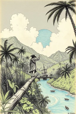 Vasco Núñez de Balboa crossing the panama jungle to the pacific ocean in the style of davinci sketch