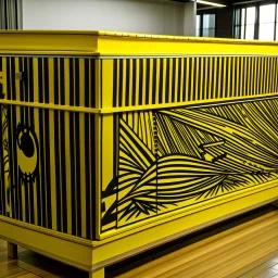 A golden yellow university made out of wood painted by Roy Lichtenstein