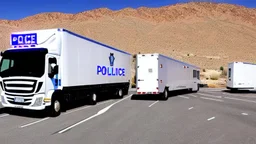 A police Tesla Cybertruck is chasing a Tesla 'Model S Plaid' at top speed, across the 'Area 51' facility in the USA. CINEMATIC. WIDE ANGLE LENS.