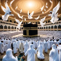 The scene in Mecca: People wearing white Ihram clothes, men without head coverings, women with veils, circumambulating around the Kaaba, and above them are transparent white spirits of children, men, and women with wings revolving around the Kaaba.