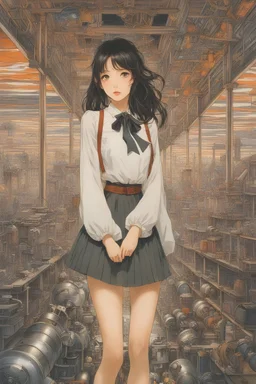 August Malmstrom, Yoshitaka Amano, Surreal, mysterious, strange, fantastical, fantasy, Sci-fi, Japanese anime, miniskirt beautiful girl in a toy factory, perfect voluminous body, detailed masterpiece