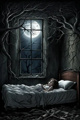 In the depths of a dark and surreal nightmare, a scared young girl with big eyes tries to sleep on a bed in a rundown room. The only source of light is a broken window, the moonlight illuminates the dusty floor and shadowy corners. The wind howls outside, causing the branches of a nearby tree to slam against the window, adding to the eerie atmosphere. In the corner, the shadows seem to move and roll, fear, surreal, thriller