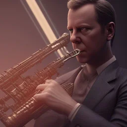 man playing saxophone, blade runner, kiefer sutherland, sebastian vettel, low key lighting, volumetric light, digital art, highly detailed, fine detail, intricate, ornate, complex, octane render, unreal engine, photorealistic