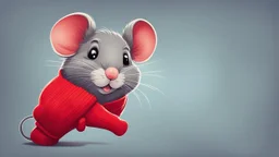 fantasy cartoon style illustration: red mitten with a little gray cute mouse peeking out