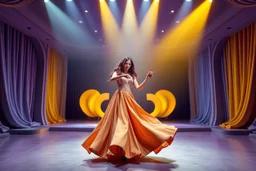 modern stage with gray-dark yellow blueish violet theme artistic decoration , color full dynamic lighting, a beautiful lady in maxi dress with shining silver jewels ,curvy long hair,dancing, 3D recursive fractal structure animating background