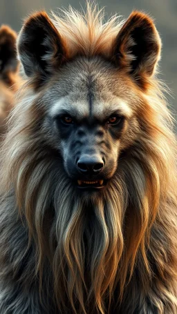Hyenas with human look face and long hair and beard looks like an ancient Sumerian gods