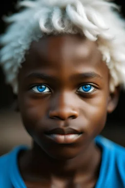 A beautiful African boy named with blue eyes and white hair