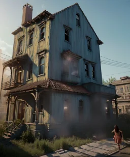 Realistic image, giant woman head inside a house, looks out through the open windows. people on the street are watching him, soft color, highly detailed, unreal engine 5, ray tracing, RTX, lumen lighting, ultra detail, volumetric lighting, 3d, finely drawn, high definition, high resolution.