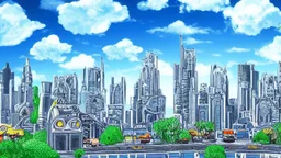 detailed alien cityscape, buildings with balconies, tracks, roads, paths, river, blue sky, white clouds