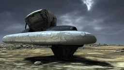 Sleek Cargo Spaceship Sitting In A Ruined Landscape