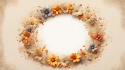 Hyper Realistic Rule-of-3rd-view of Beige small-multicolor-Floral-Circular-Frame With Glowing Golden Embers On Off-White Grunge Background.