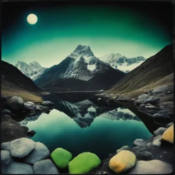 Sublime foto close-up polaroid ad alta definizione di una montagna rocciosa, un lago, surreale, colors, cityscape scifi, collage art, dadaism, sublime, splimapys nero, cielo nero, acqua nera riflette un sole nero, macabre piante circondano il lago, alghe, hypermaximalist, Max Ernst style, strangeness, intricate, hypnotic, obsessive, Yves Tanguy, 8k, deep 3d field, very accentuated details of the rocks and sht frn, eerie, artistic photo, shot on Hasselblad, large format film, medium format film
