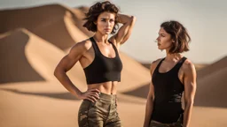 beautiful caucasian female, black tank top, well toned muscles, scratched sand camo metal details, short brunette wavy bob haircut, dystopian, desert scene