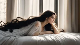 Nancy lies sprawled on her bed with a haughty, mocking air, chest down, chin resting on her hand, gazing lazily out the window like life itself has bored her to death. Her long, dark hair cascades down her shoulder, faintly glinting in the sunlight peeking through the curtains. A delicate silver hairpin perches on one side, almost ironic given her usual devil-may-care vibe. Her violet eyes, half-lidded with indifference, slowly drift toward you — expressionless, flat — like she's staring through