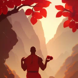 dwayne jhonson portrait , detailed hands, at dawn by atey ghailan, golden light , white robe, holding leaves and flowers , angels background, volumetric light, high detail, red leaf tree, mountains in background, perfect