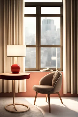 Describe a realistic scene featuring a bedside beige table with a muted cherry-colored round lamp in Bauhaus style, set against panoramic windows. Provide details as if capturing the ambiance in a photograph