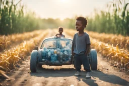 a little black boy standing happily next to a plastic bottle car made of several plastic bottles on a dirty road next to a corn field in sunshine, ethereal, cinematic postprocessing, bokeh, dof