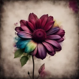 Hyper Realistic maroon flower & rainbow multicolor grungy rustic texture with vignette effect