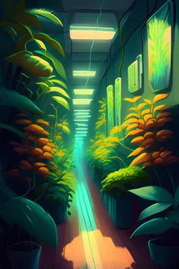painting of bright corridor full of plants with several sensors plugged everywhere