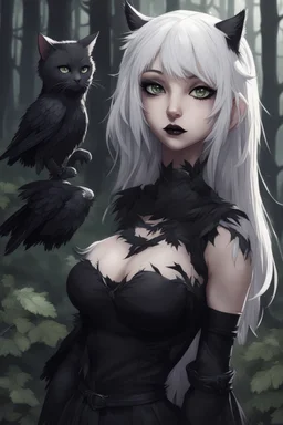 CAT GIRL, goth, forest, nature, cartoon, leaves, half black half white hair, boobs, ravens