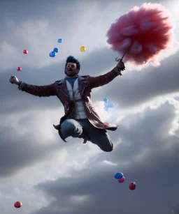 Ultra realistic speed clouds sky scene, wide angle view, strong men falling down with many Childs, circus clothing style, feather color clothing, free jumping flying, many trinkets, hair monster, many jelly beans, balls, color smoke, smile, happy, extreme, wind, clouds sea, 20,000 feet altitude, stratosphere, soft color, highly detailed, unreal engine 5, ray tracing, RTX, lumen lighting, ultra detail, volumetric lighting, 3d, finely drawn, high definition, high resolution.