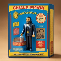 A photograph of a pristine action figure encased in its packaging, evoking a sense of collectible wonder, styled after a vintage toy advertisement. The box prominently displays "Writer" in bold, stylized lettering, with the action figure inside clearly resembling Charles Bukowski as a Dharma Bum, possessing his iconic features confidently with a book and a bottle