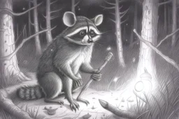 At dusk curious raccoons explores the forest. Tiptoeing into human campsites, intrigued by human artifacts they found.- Pencil drawing, realistic, graphite