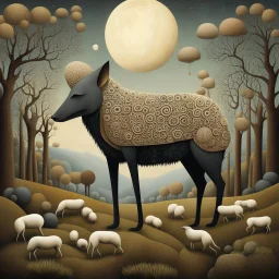 Abstract surreal art, by Jack Yerka and Colin McCahon and Victor Pasmore and Gabriel Pacheco, nostalgic long limbed wolf in sheeps clothing, hypocrisy of fairy tales, geometric shapes, braille glyph textures