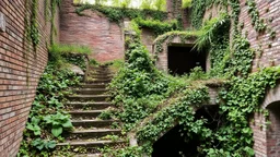 Nature has reclaimed this artificial space, allowing vegetation to grow over the stone staircase and spread throughout the abandoned brick structure, even filling its interior spaces. This symbolizes nature's resilience and its eventual triumph over human endeavors. It suggests that even the most robust constructions will succumb to the forces of nature if left unattended, highlighting the impermanence of human creations in the face of time and the constant growth of the natural world.