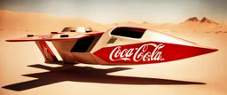 Coca-Cola Branded unmanned combat aerial vehicle, middle east Desert, cinematic, Fuji Film, Anamorphic lens, 2040s, deep depth of field, in a Cyber punk WW3 film