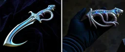 "A fantasy dagger inspired by a squid's tentacles, designed like a talon. The blade is curved and organic, shimmering with iridescent colors like deep-sea creatures. Its handle resembles a coiled squid arm, with tiny suckers and subtle bioluminescent patterns glowing in blues and purples. The overall design looks both ancient and alien, like a relic from an underwater civilization. The dagger is displayed on dark velvet or held by a gloved hand."