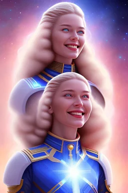 young cosmic woman smile, admiral from the future, one fine whole face, crystalline skin, expressive blue eyes,rainbow, smiling lips, very nice smile, costume pleiadian, Beautiful tall woman pleiadian Galactic commander, ship, perfect datailed golden galactic suit, high rank, long blond hair, hand whit five perfect detailed finger, amazing big blue eyes, smilling mouth, high drfinition lips, cosmic happiness, bright colors, blue, pink, gold, jewels, realist, purple hairs