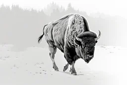 Bison walking towards viewer's right, on white background, fades out on the left