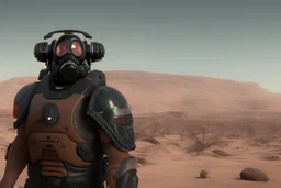 A Bald space marine with green eyes and a thick black beard, wearing Desert Camouflage and a rebreather mask standing looking out upon a desert planet