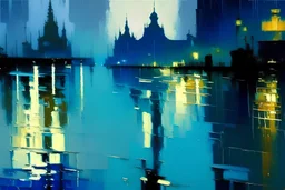 water reflection, sci-fi, retrowave city, lesser ury and konstantin korovin painting